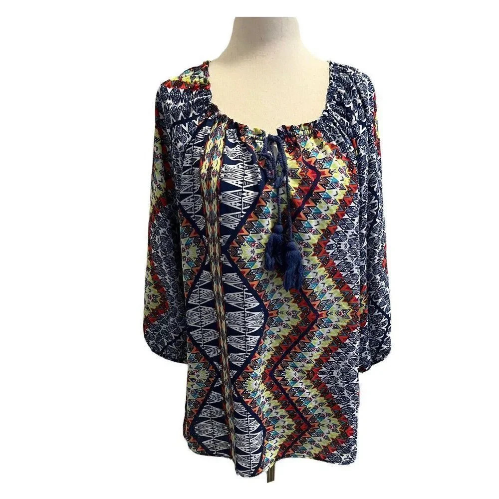 Signature Studio Womens Small Women’s Blue Boho Aztec Sleeve Blouse Tassel Top